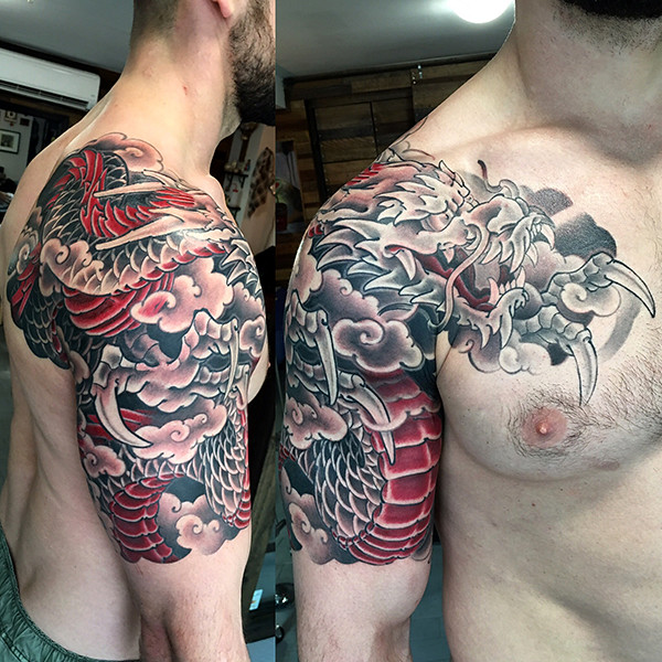 a collage of a man's chest with a dragon tattoo